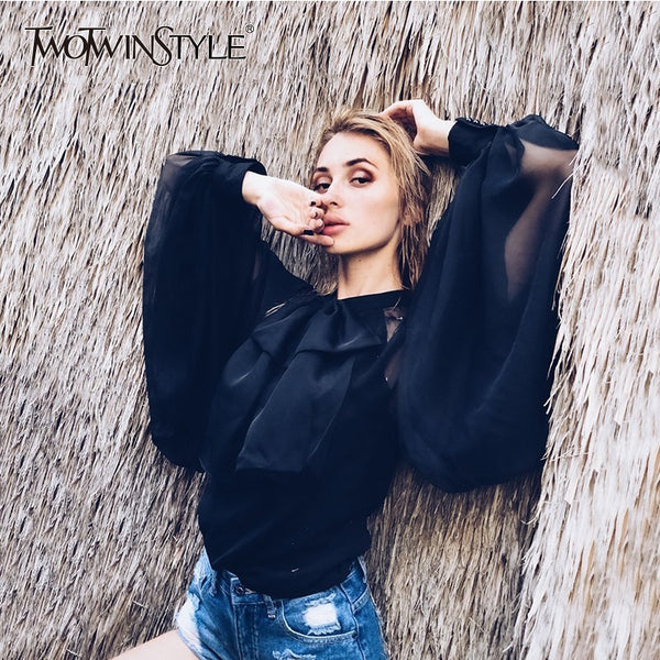 TWOTWINSTYLE Perspective Shirts Blouse Women Lantern Sleeve Bowknot
