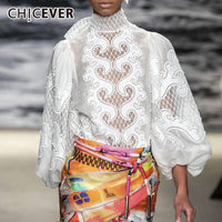 CHICEVER Elegant Embroidered Women's Shirt Scarf Collar Lantern Sleeve