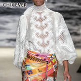 CHICEVER Elegant Embroidered Women's Shirt Scarf Collar Lantern Sleeve