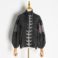CHICEVER Elegant Embroidered Women's Shirt Scarf Collar Lantern Sleeve