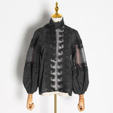 CHICEVER Elegant Embroidered Women's Shirt Scarf Collar Lantern Sleeve