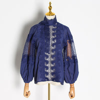 CHICEVER Elegant Embroidered Women's Shirt Scarf Collar Lantern Sleeve