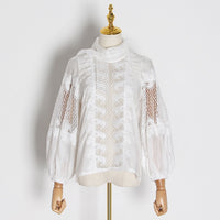 CHICEVER Elegant Embroidered Women's Shirt Scarf Collar Lantern Sleeve