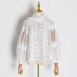 CHICEVER Elegant Embroidered Women's Shirt Scarf Collar Lantern Sleeve